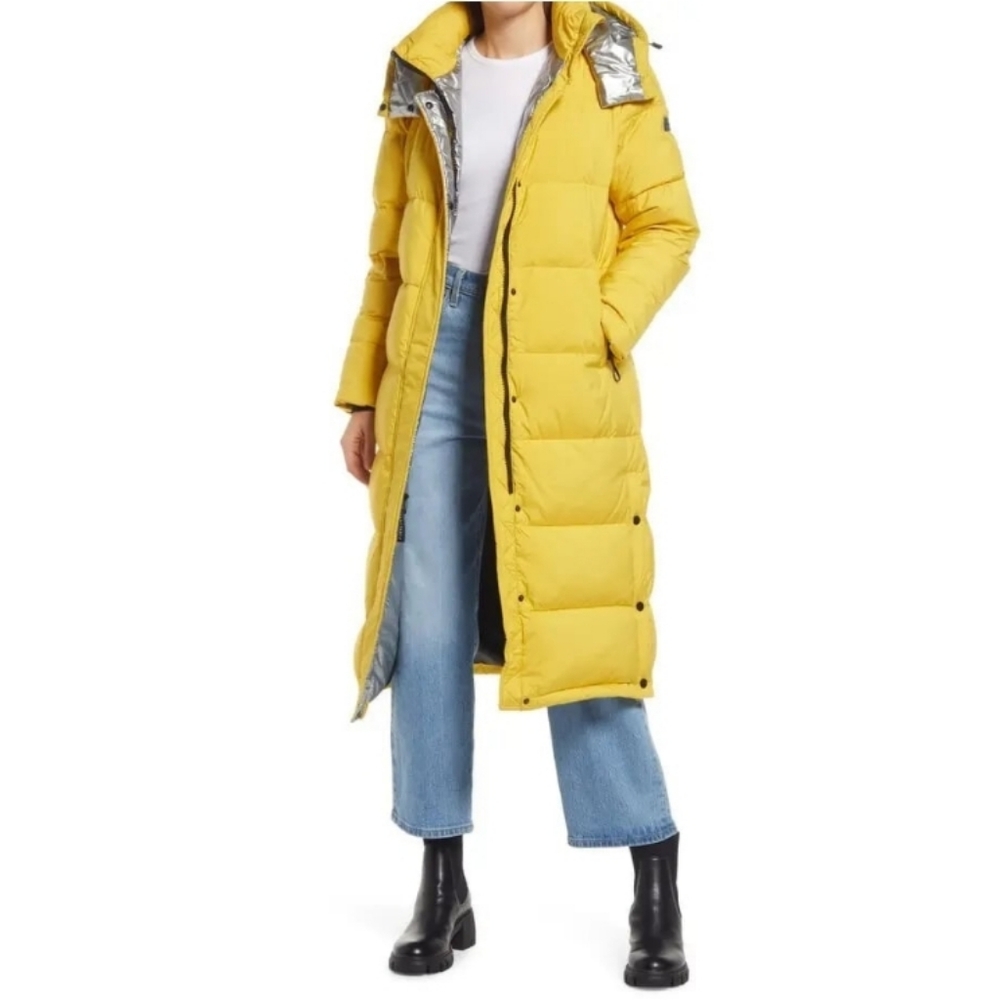 Sanctuary Down & Feather Long Puffer Jacket – Yellow/Silver